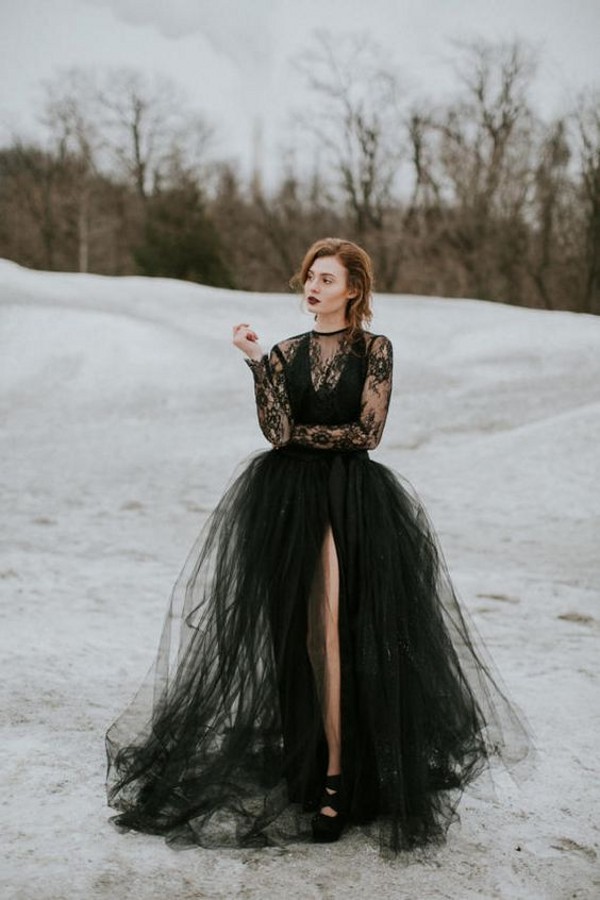 Elegante Brautkleider mit Spitze Ärmel | Hochzeitskleider Schwarz