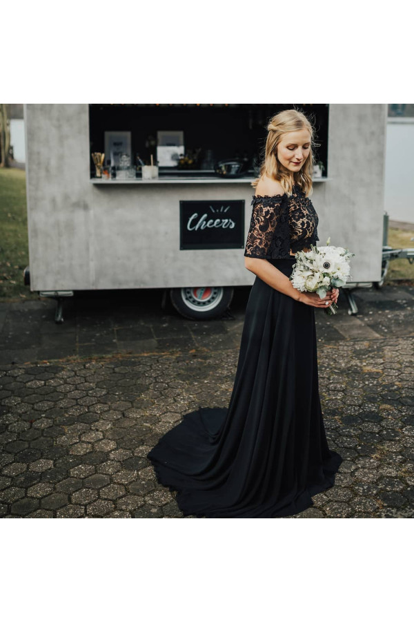 2 Teilige Brautkleid Schwarz | Hochzeitskleid Mit Spitzelärmel