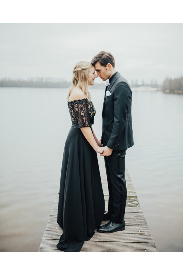 2 Teilige Brautkleid Schwarz | Hochzeitskleid Mit Spitzelärmel