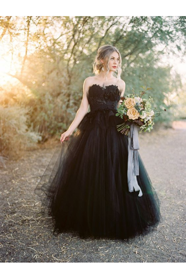Schwarzes Hochzeitskleid A Linie | Tülle Brautkleider Online