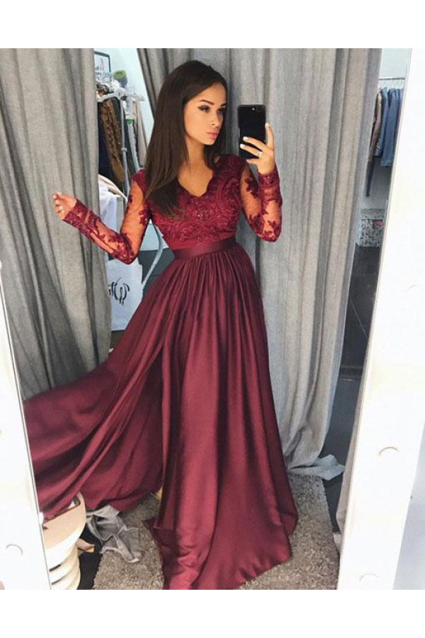 Wine red evening dresses long cheap lace evening wear with sleeves