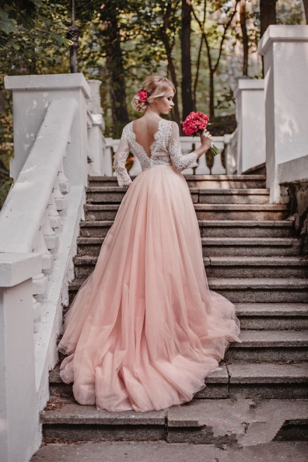 Pink White Wedding Dresses With Sleeves Lace A Line Bridal Wedding Gowns