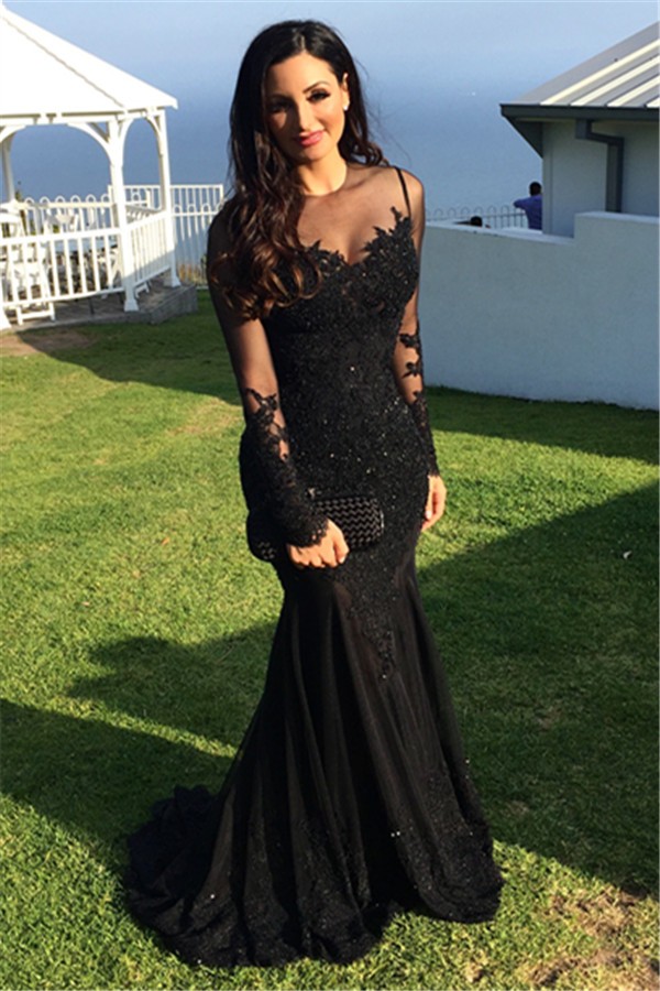 Black Evening Dresses Long Sleeves Lace Mermaid Evening Wear Party Dresses