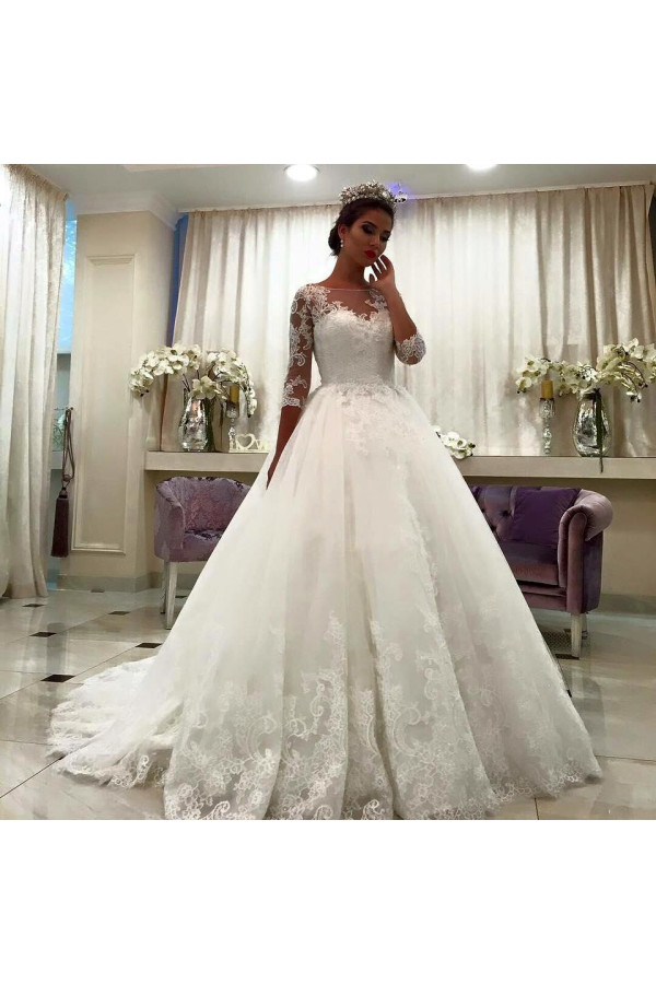 White Wedding Dresses With Sleeves Lace A Line Organza Bridal Wedding Gowns
