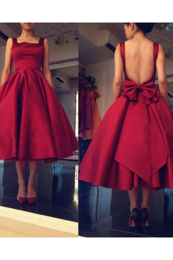 Cheap Short Cocktail Dresses Red Scoop Neck Satin Tea-Length Evening Dresses Evening Wear With Bow Backless