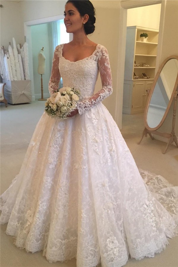 White Wedding Dresses Long Sleeve With Lace Scoop Neck A Line Bridal Wedding Dresses