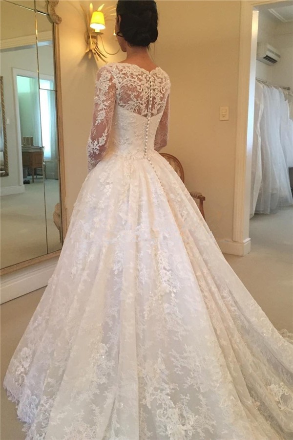 White Wedding Dresses Long Sleeve With Lace Scoop Neck A Line Bridal Wedding Dresses