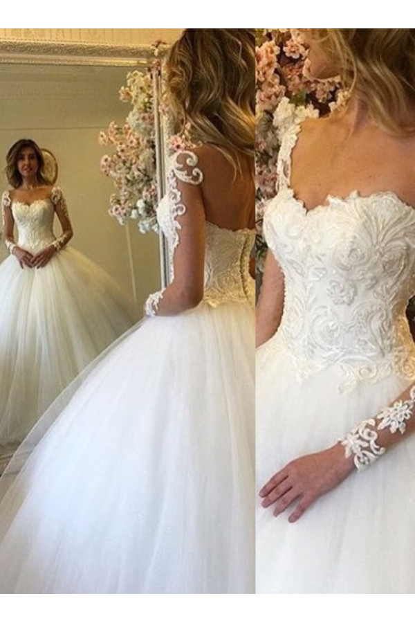  Elegant Wedding Dresses Long Sleeves White Lace Princess Wedding Gowns Bridal