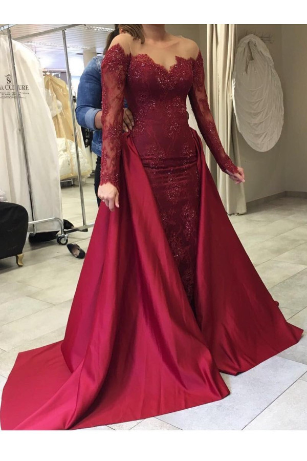 2-piece wine red evening dresses long sleeves lace mermaid prom dresses with train cheap