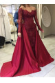 2-piece wine red evening dresses long sleeves lace mermaid prom dresses with train cheap