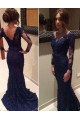 Navy Blue Evening Dresses Long Sleeves Lace Mermaid Evening Wear Prom Dresses Cheap