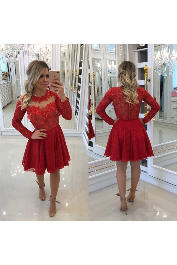 Order Elegant Red Cocktail Dresses Short With Sleeves A Line Evening Dresses