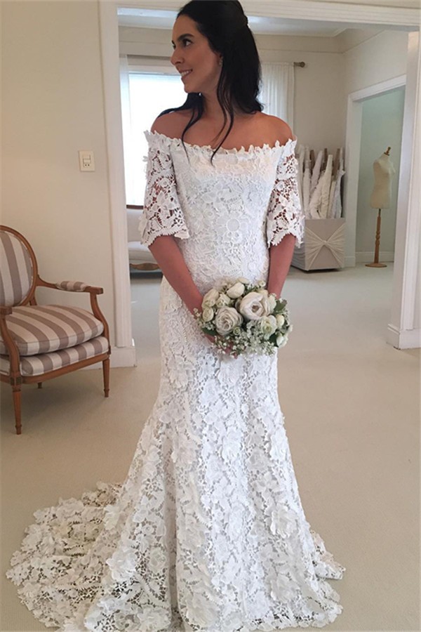 White simple wedding dress lace with sleeves mermaid wedding dresses cheap