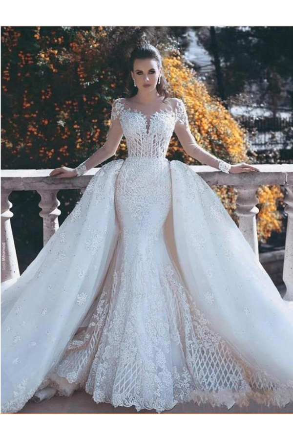 Luxury white wedding dresses with sleeves lace a line wedding gowns cheap online