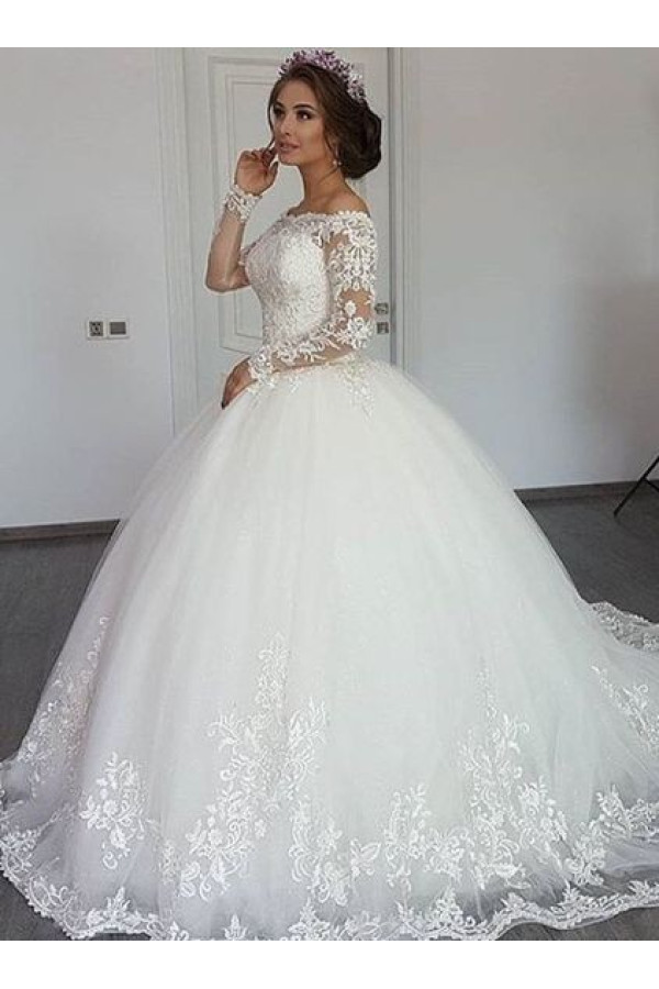 Elegante Weiße Brautkleider mit Ärmel Prinzessin Hochzeitskleider Spitze Günstig