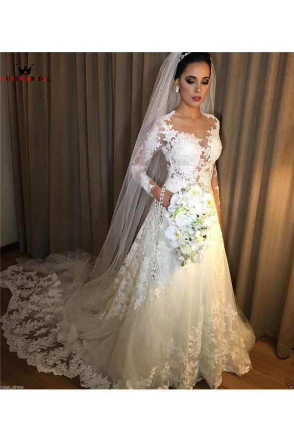 Elegant Weiße Brautkleider Mit Ärmel Hochzeitskleider Spitze Online