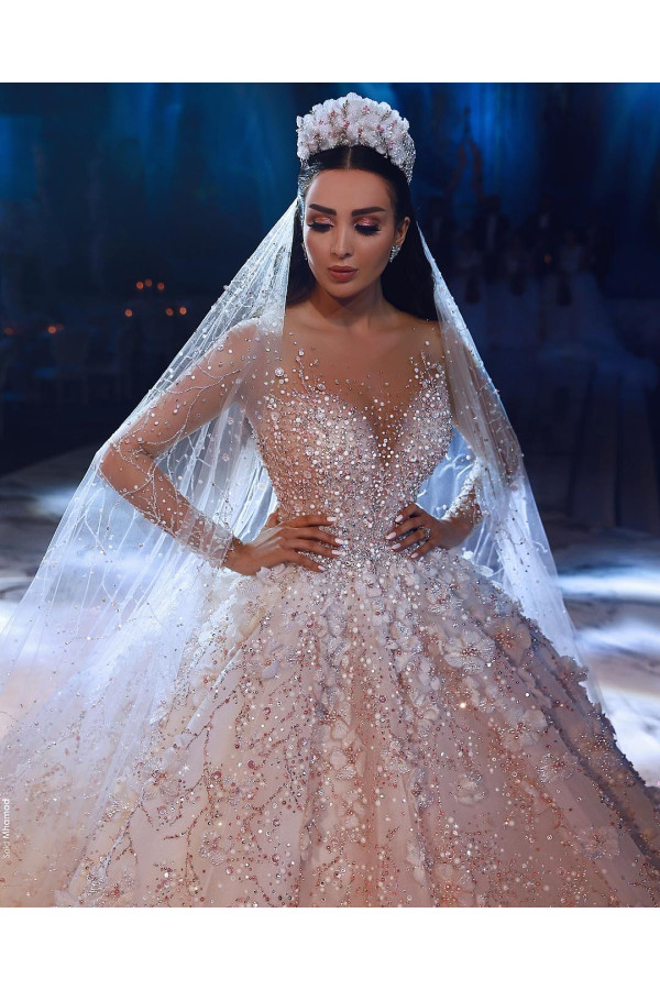 Luxus Brautkleider Mit Ärmel A Linie Spitze Hochzeitskleider Kristal