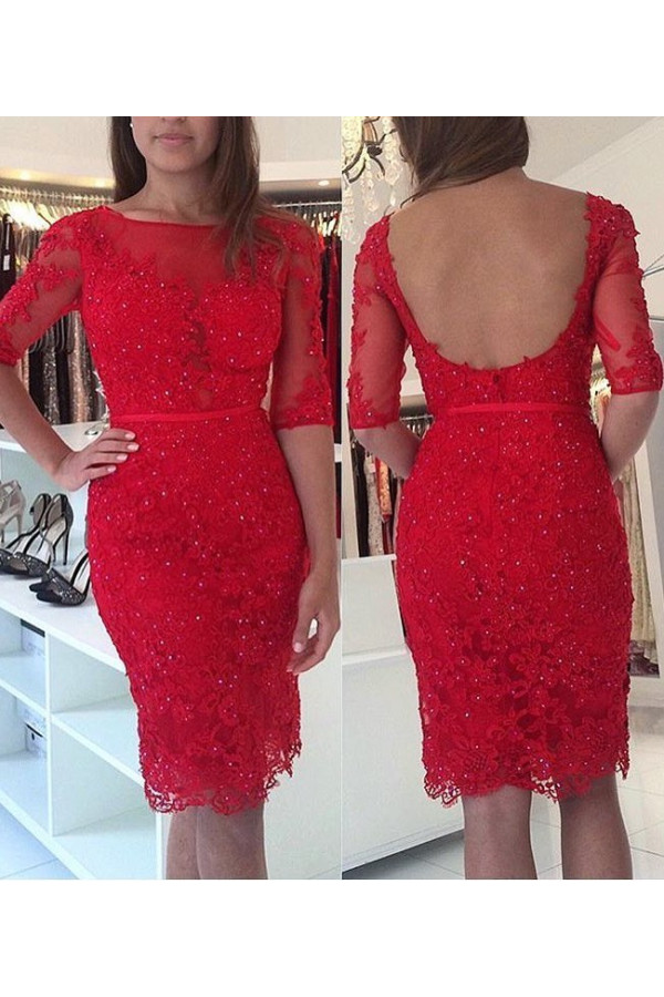 Red Cocktail Dresses With Sleeves Lace Prom Dresses Evening Wear Short