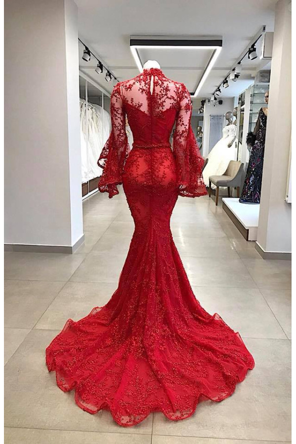 Elegante Abendkleider Rot Spitze | Abiballkleider Lang Mit Ärmel