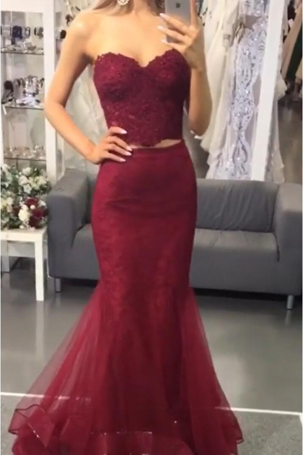 Modern evening dress with lace | Evening dresses wine red cheap