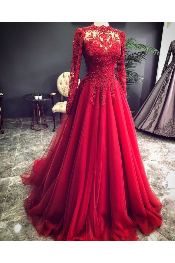 Luxus Rote Abendkleider Mit Ärmel | Abendmoden Mit Spitze