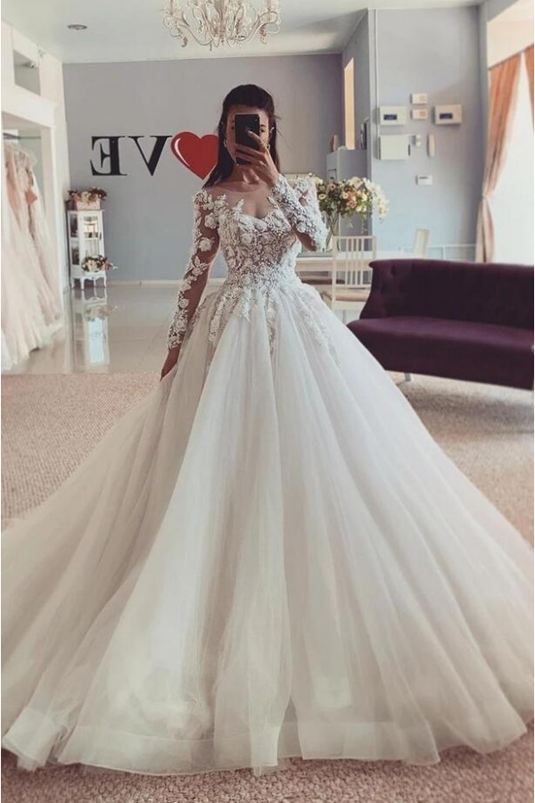 Luxus Hochzeitskleider A linie | Spitzeärmel Brautkleider Brautmoden Online