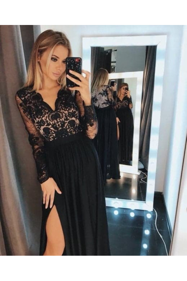 Evening dresses long black | Prom dresses with sleeves