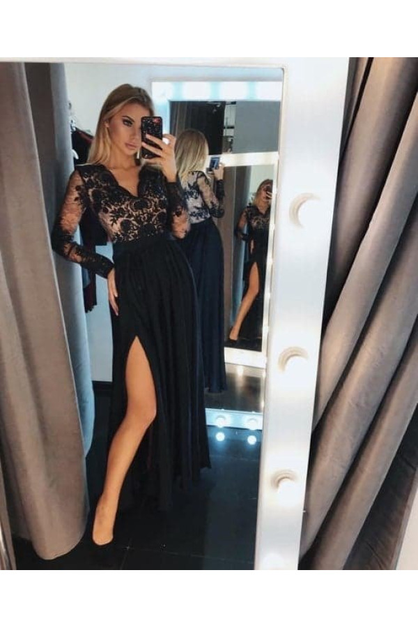 Evening dresses long black | Prom dresses with sleeves