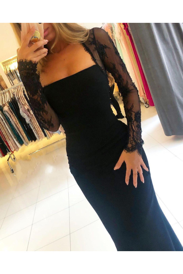 Designer Evening Dresses Long Black | Prom dresses with sleeves