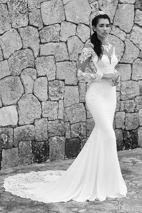 Schlichte Brautkleider Meerjungfrau | Spitze Ärmel Hochzeitskleider Online