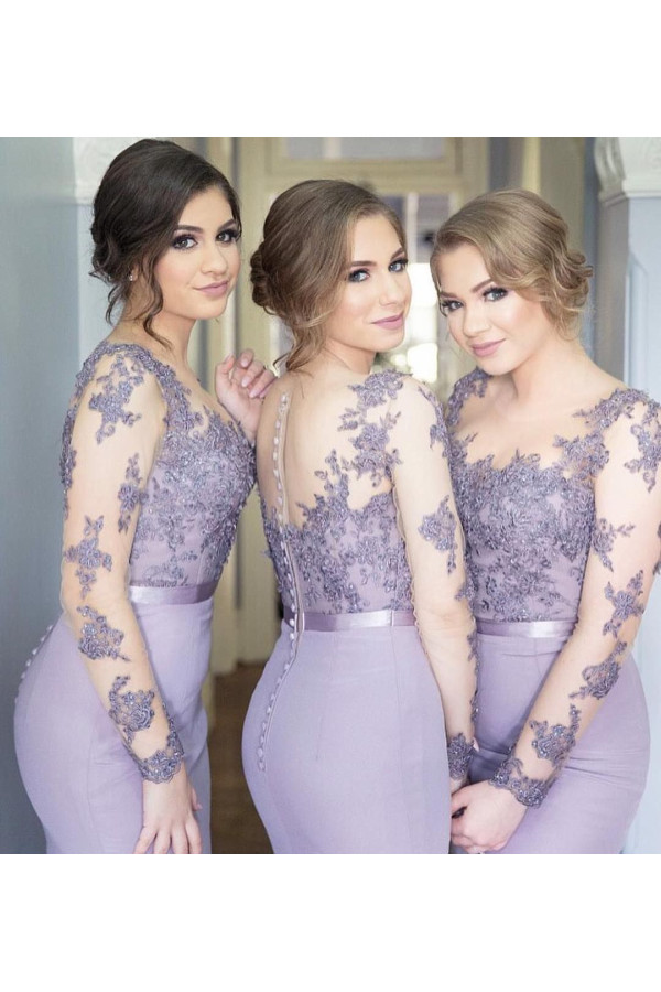 Purple Bridesmaid Dresses Long Sleeves Lace Chiffon Mermaid Dresses For Bridesmaids