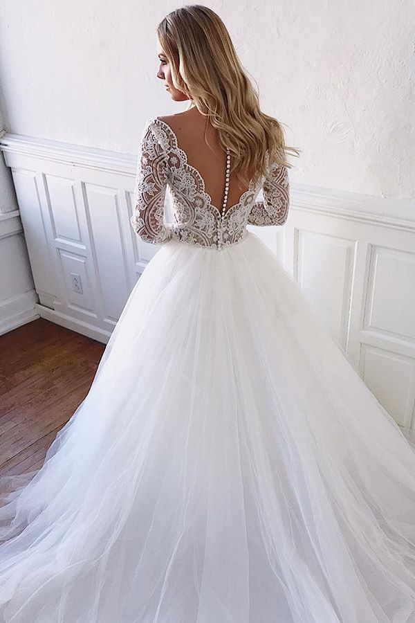 Elegante Brautkleider Mit Spitze Ärmel | Hochzeitskleid A Linie Online