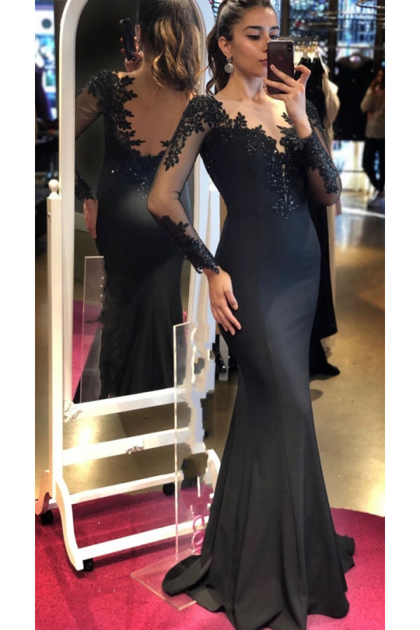 Designer evening dresses long black | Prom dresses with sleeves