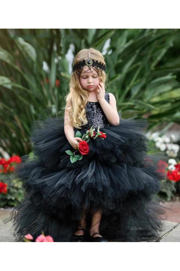 Schöne Schwarze Blumenmädchenkleider | Blumenmädchen Kleid Lang